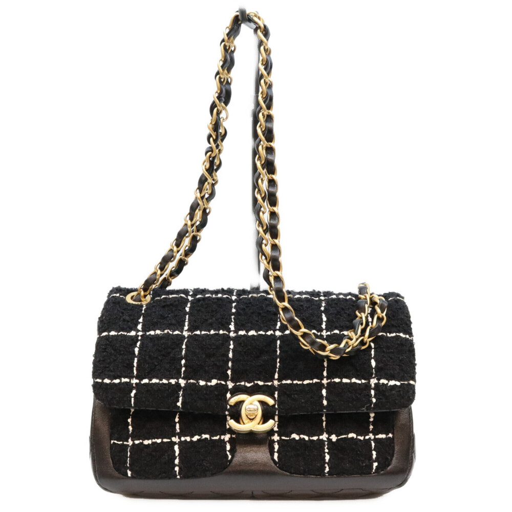 CHANEL AS4459 Black Tweed x Calfskin Matelassé Small Flap Shoulder Bag W23 Go...